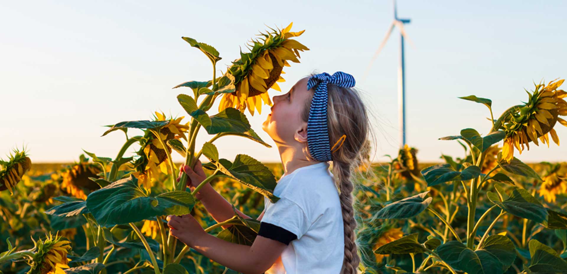 climate-change-action-generations Girl smelling sunflower on the field